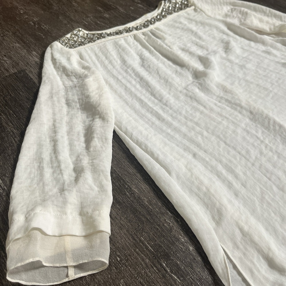 Rebecca Taylor Womens White Silk‎ Beaded Blouse Size 2 Keyhole Back 3/4 Sleeve - Picture 5 of 9